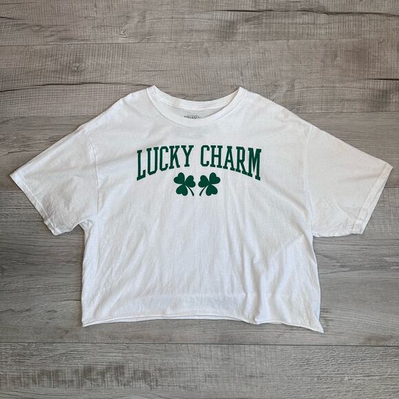 Mighty Fine Graphic Crop T SZ Large WMNS Lucky Charm T-shirt Cropped Tee SS Crew - Picture 3 of 4